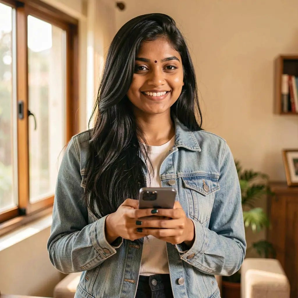 Confident Bangladeshi woman holding her phone and smiling while using the XE66 BET app in a modern indoor setting