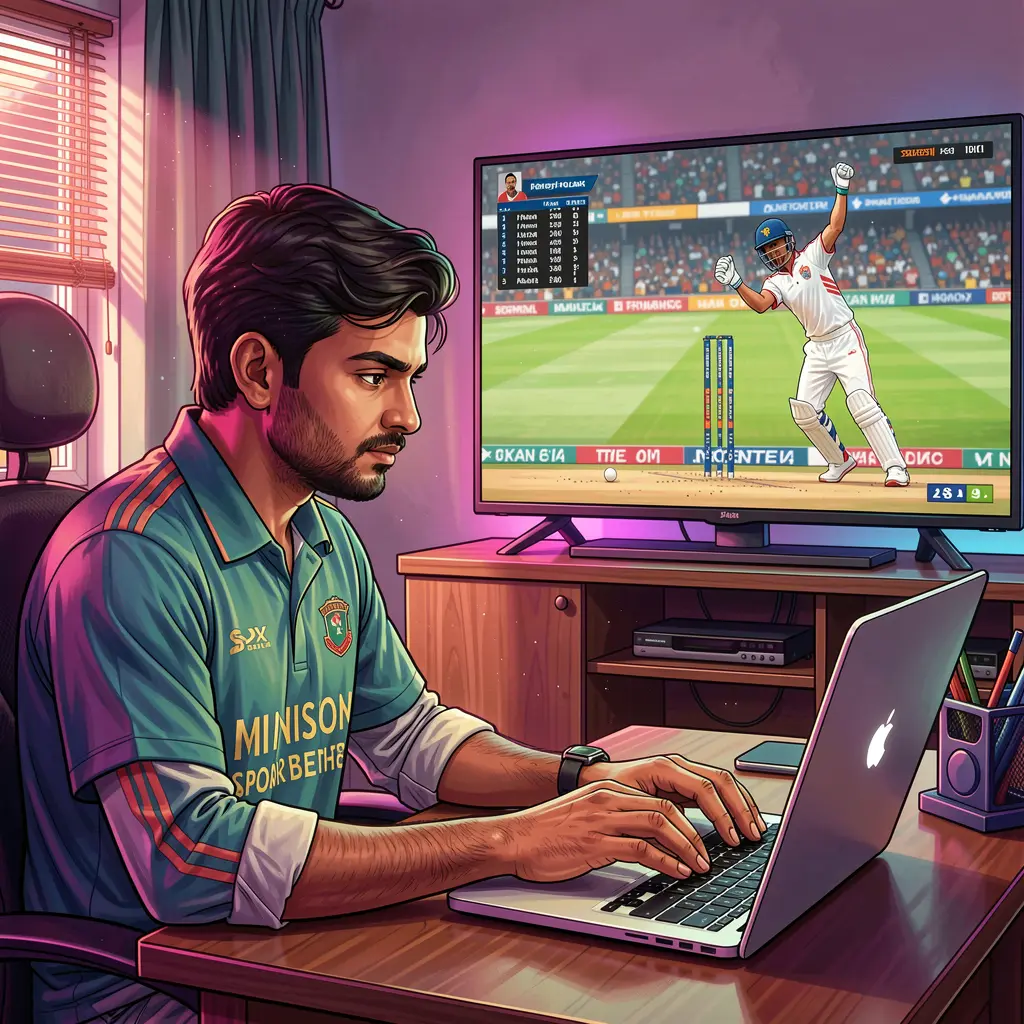 Focused Bangladeshi sports bettor placing online cricket bets on a laptop with live match action displayed on XE66 BET behind him
