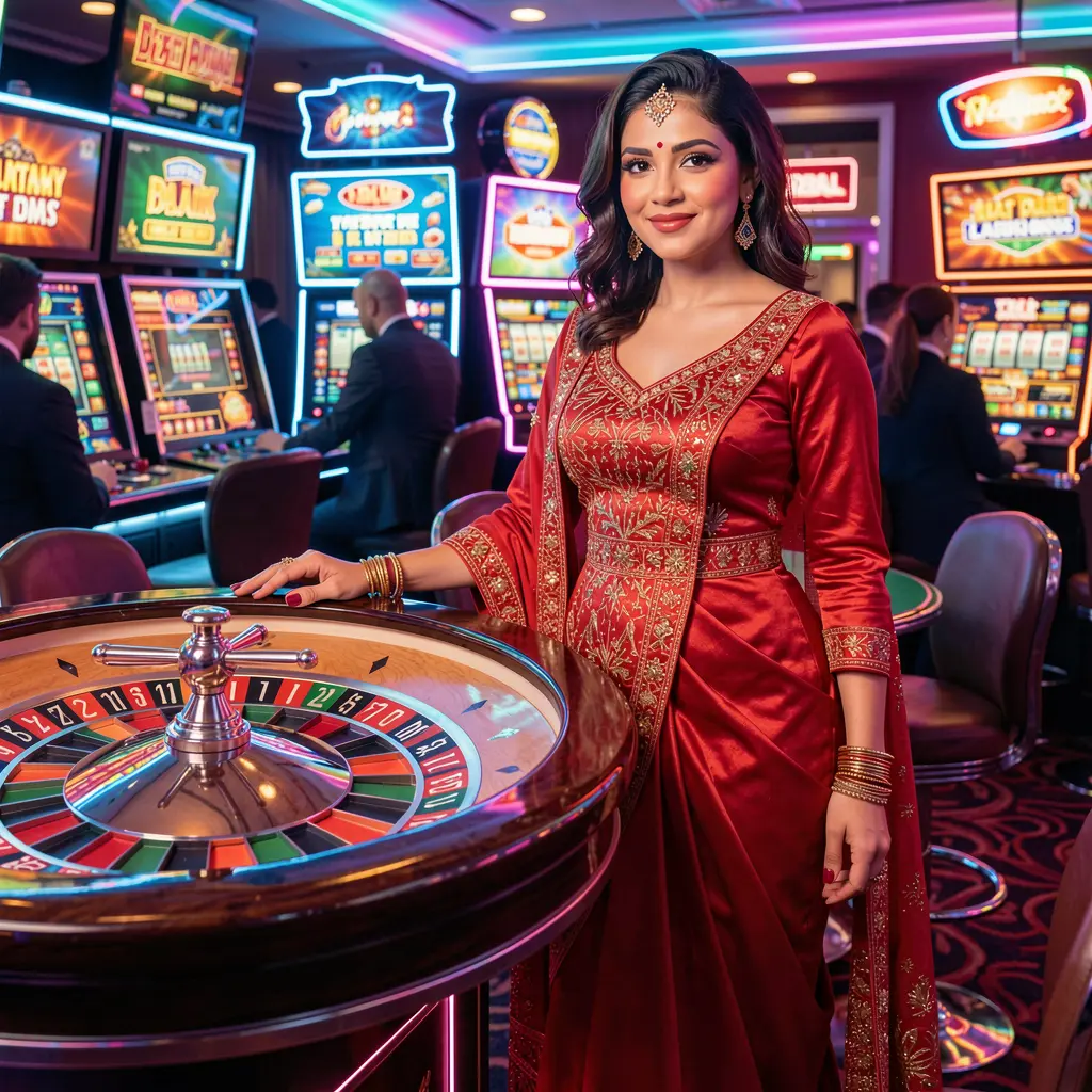A confident woman in a stunning red evening dress standing near a glowing roulette wheel inside a luxurious casino atmosphere highlighting the premium gaming experience at XE66 BET for players in Bangladesh
