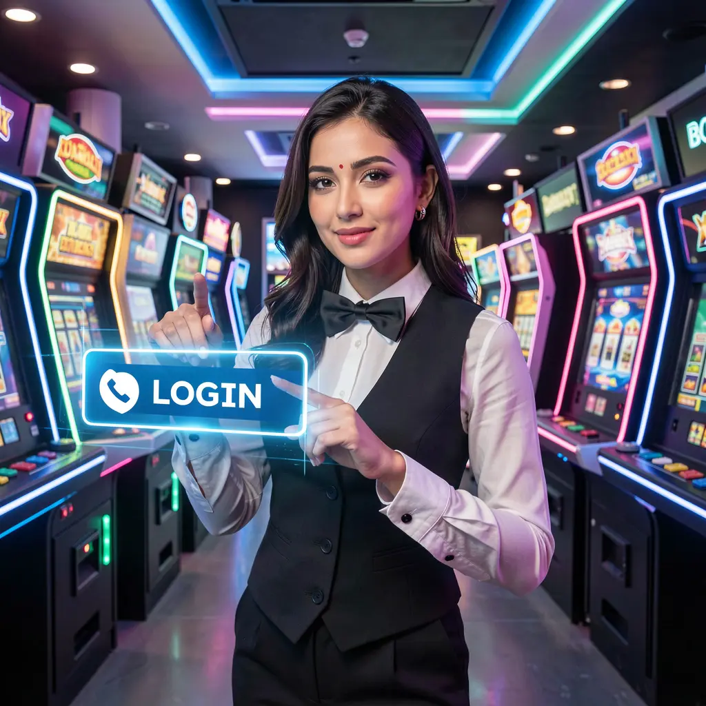 Confident Bangladeshi casino dealer pointing at a glowing virtual login button inside the secure XE66 BET platform