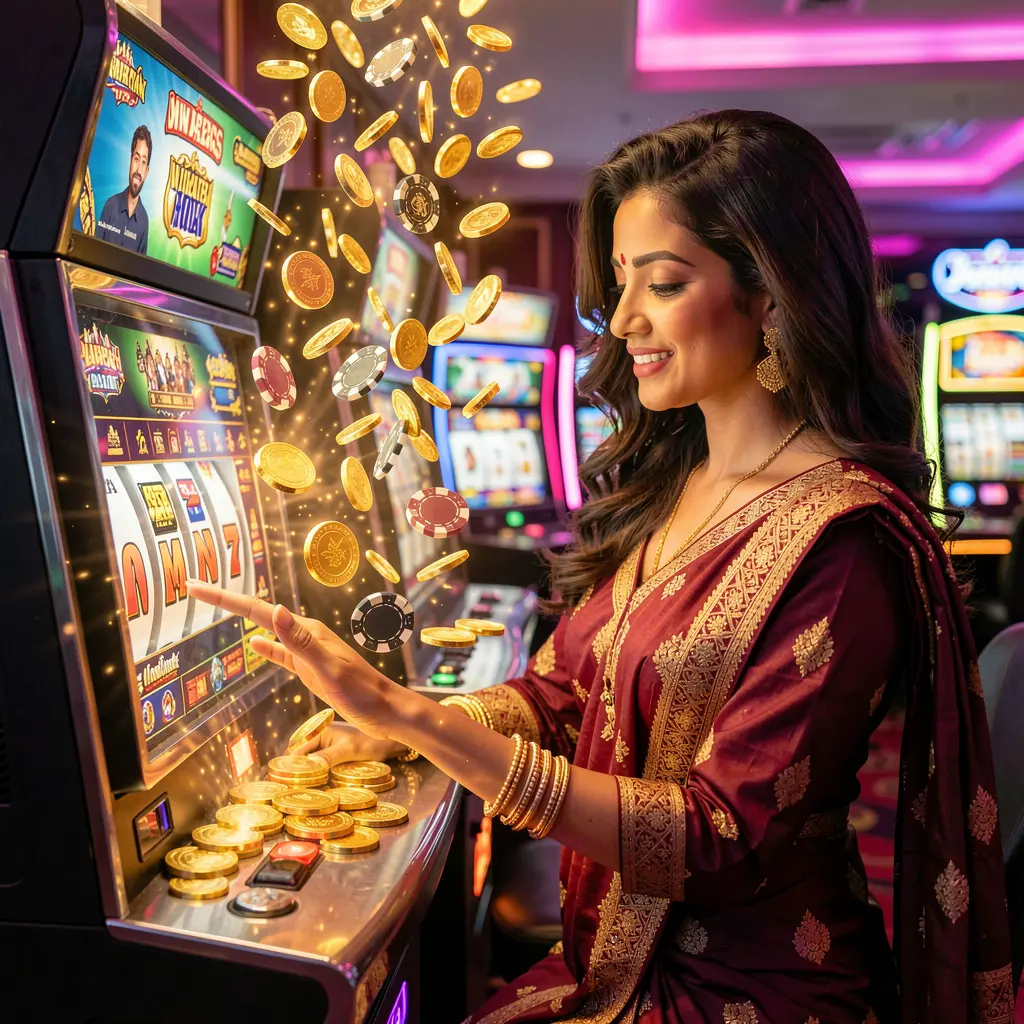 A confident Bangladeshi woman playing modern slot machines surrounded by bright casino lights and falling coins at XE66 BET online casino